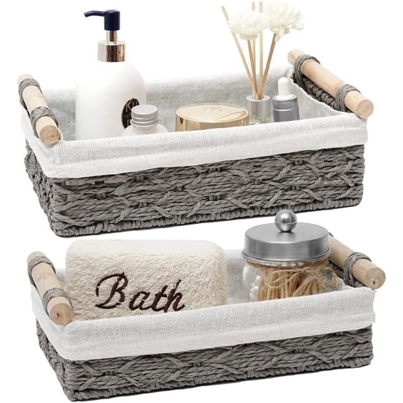 Xiao Hua Round Paper Rope Storage Basket, Wicker Basket with Handle for Sorting, Toilet Paper Basket for Toilet Water Tank Top, 9.8 * 5.9 * 3.2 inch (Grey) Small Basket Set of 1