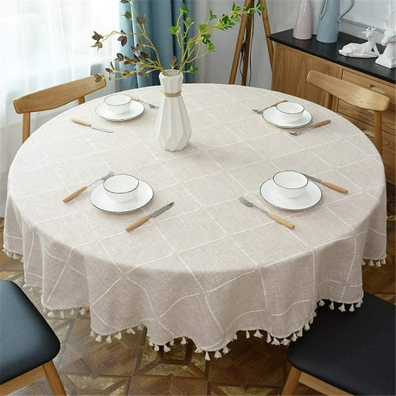 Nvzi Round Tassel Plaid Tablecloth, Heavy Weight Cotton Linen Fabric Table Cover Kitchen Dining Tabletop Decoration, Beige Round 48" (Recommended for Table Sizes up to 32")