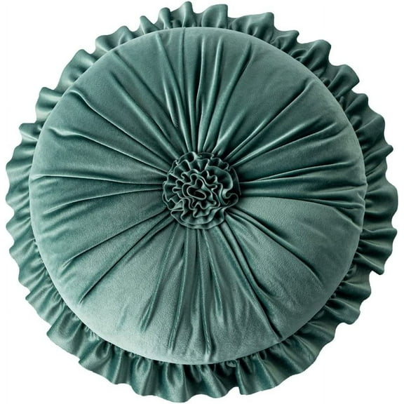 XmhyTop-A Round Throw Pillow with Ruffles, Pumkin Pleated Velvet Chair Cushion 3D Floral Decorative Floor Pillow for Sofa Bedroom Office Car (Green,Diameter 14")