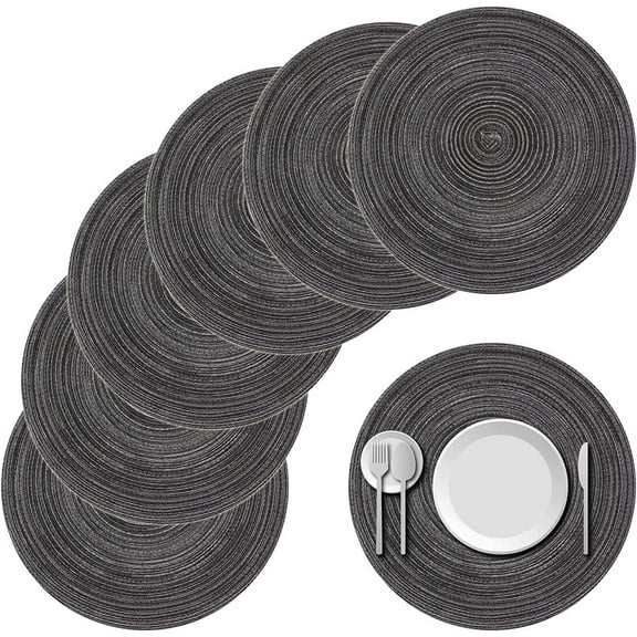 Nvzi Round Woven Placemats, Elegant 15 inch Placemats for Dining Tables Indoor Outdoor Party Decor Round Mats 6pcs(Black Gray)