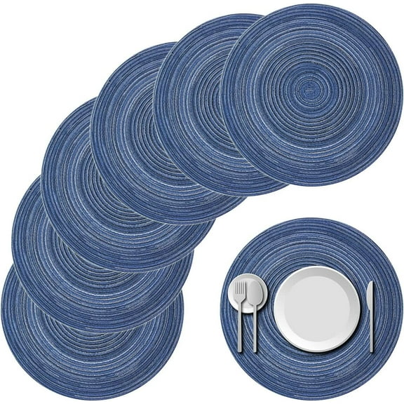 Nvzi Round Woven Placemats Set of 6, Elegant 15 inch Placemats for Dining Tables Indoor Outdoor Party Decor (Blue)