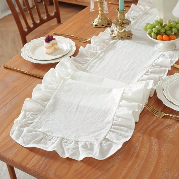 Nvzi Ruffled Washed Cotton Table Runner 35x160cm Farmhouse Style Ruffle Edge Runner for Kitchen & Dinner Party Table Decor, 1pc,White