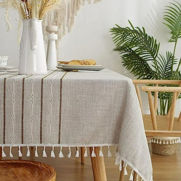 XmhyTop-A Rustic Lattice Tablecloth with Tassel Cotton Linen Table Cloth Rectangle Table Burlap Table Cloth for Kitchen Dining Party (Coffee, Brown Line, 55''x102'', 8-10 Seats)