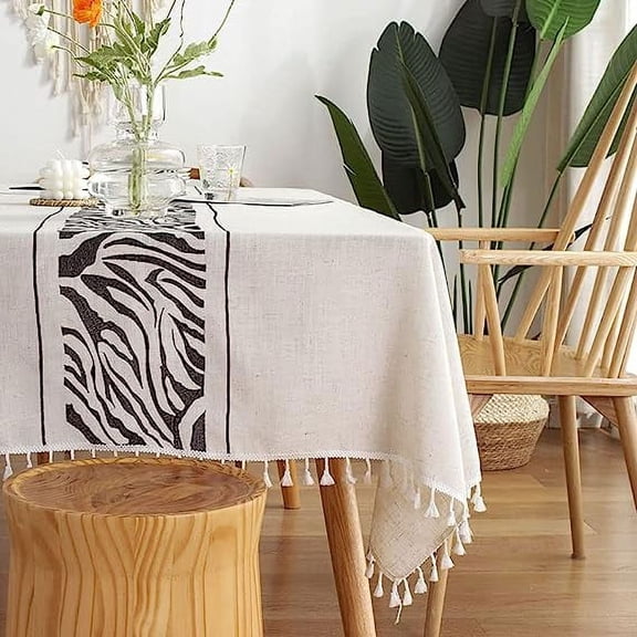 Nvzi Rustic Rectangular Tablecloth Tassel Plaid Table Cloth Burlap Farmhouse Linen Tablecloths for Dining Kitchen Room Tabletop Decoration Zebra Print Black Rectangle/Oblong 55 X 70 in