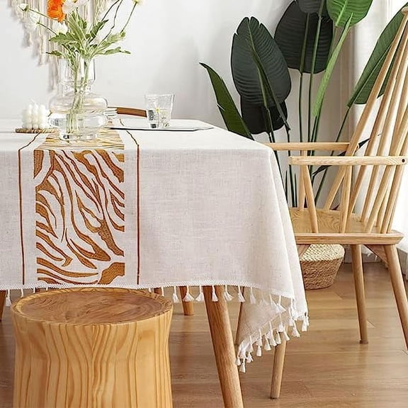 Nvzi Rustic Rectangular Tablecloth Tassel Plaid Table Cloth Burlap Farmhouse Linen Tablecloths for Dining Kitchen Room Tabletop Decoration Zebra Print Golden Rectangle/Oblong 55 X 70 in