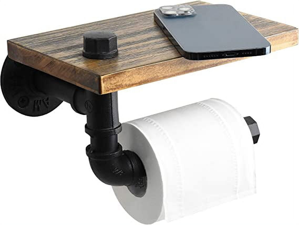 Nvzi Rustic Toilet Paper Holder Pipe with Shelf Industrial Toilet Roll Holder Wall Mount Farmhouse Wooden Toilet Tissue Paper Holder for Bathroom(Black)