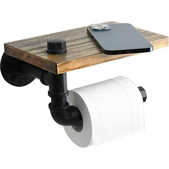 Nvzi Rustic Toilet Paper Holder Pipe with Shelf Industrial Toilet Roll Holder Wall Mount Farmhouse Wooden Toilet Tissue Paper Holder for Bathroom(Black)