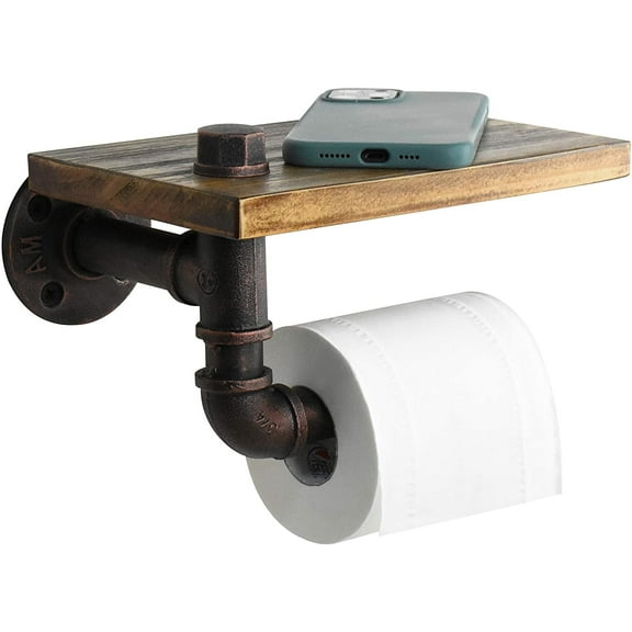 Nvzi Rustic Toilet Paper Holder Pipe with Shelf Industrial Toilet Roll Holder Wall Mount Farmhouse Wooden Toilet Tissue Paper Holder for Bathroom(Bronze)