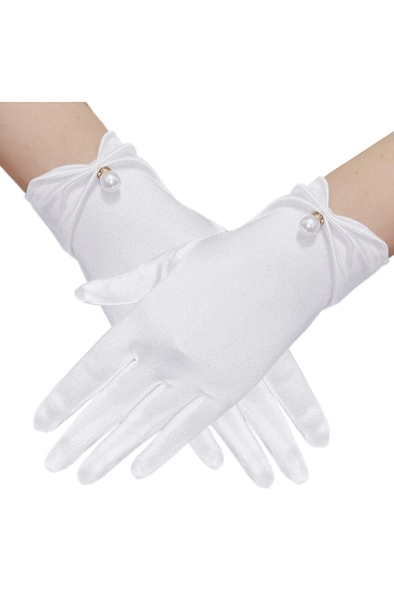 Satin Gloves, Women's Short Gloves, Princess Gloves, for Women Girls Brides Wedding Opera Banquet Costume Party-White