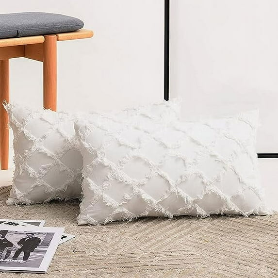 Nvzi Set of 2 Decorative Boho Throw Pillow Covers 12x20 Inch Cotton Linen Diamond Jacquard Pattern Cushion Covers for Sofa Couch Bed (White, 12"x20")
