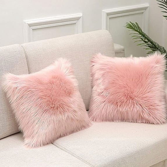 Nvzi Set of 2 Faux Fur Square Throw Pillow Covers Luxury Plush Decorative Pillow Cases Cushion Covers for Sofa Bedroom Car 16"x16" Light Pink