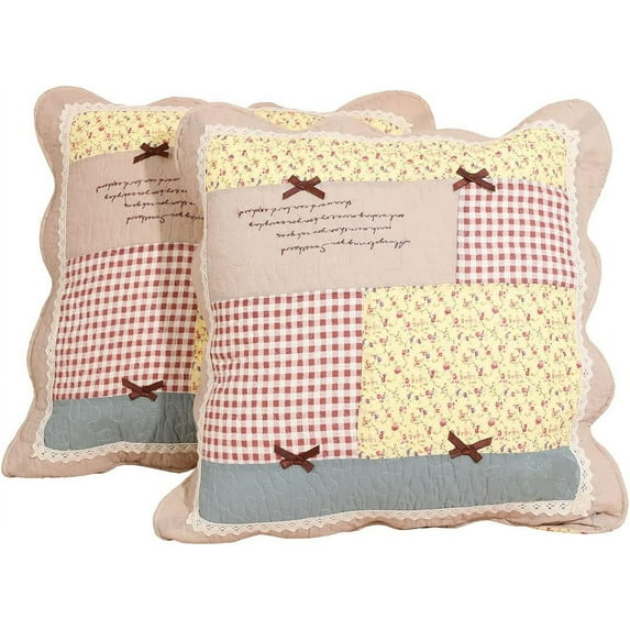 Nvzi Set of 2 Quilted 100% Cotton Boho Throw Pillow Covers 18" x 18" Farmhouse Country Floral Patchwork Decorative Cushion Cover, Patchwork Flower F