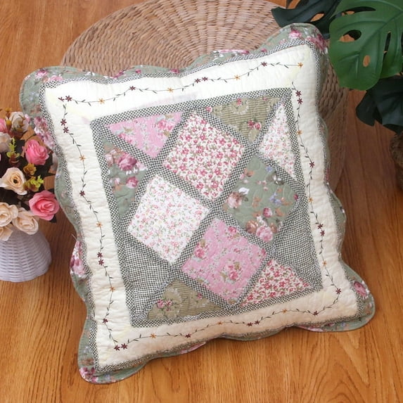 Nvzi Set of 2 Quilted 100% Cotton Boho Throw Pillow Covers 18" x 18" Farmhouse Country Floral Patchwork Decorative Cushion Cover, Patchwork Flower N