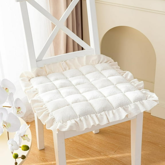 Nvzi Soft Fuzzy Plush Square Chair Cushions for Dining Room Kitchen Office Chairs Non Slip Fluffy Seat Cushion Tufted Ruffled Chair Pads with Ties (Cream,18"x18")