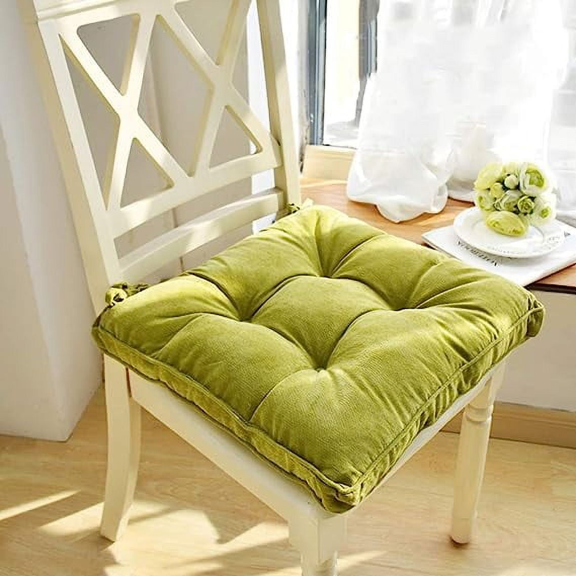 Nvzi Soft Patio Outdoor Corduroy Chair Pad with Ties Home Decor Indoor Dining Chairs Cushion 18"×18"×3.6" Green 1Pc