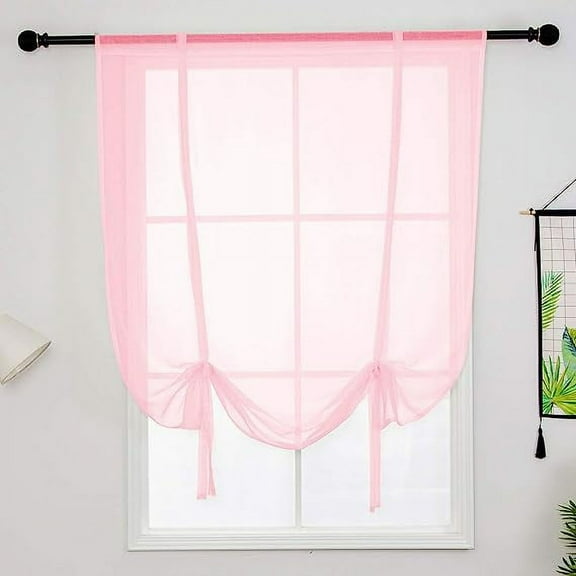 Nvzi Solid Color Sheer Voile Window Curtains Light Filtering Tie Up Shade Adjustable Balloon Drapes Treatment for Small Window,1 Panel (39" x 47",Pink)