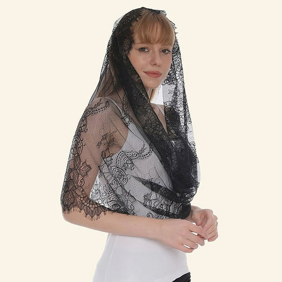 Nvzi Spanish Style Lace Traditional Vintage Inspired Infinity Shape Mantilla Veil Latin Mass Head Covering,Black