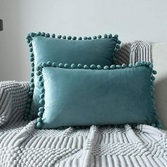 Nvzi Square Throw Pillow Cover with Pom Poms Velvet Soft Solid Decorative Cushion Cover for Couch Bedroom Car, 1 Piece (Green/blue, 18"x18")