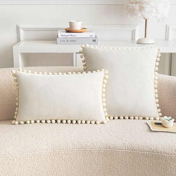 Nvzi Square Throw Pillow Cover with Velvet Soft Solid Decorative Cushion Cover for Couch Bedroom Car, 1 Piece (Cream, 18"x18")