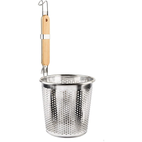 Nvzi Stainless Steel Food Strainer Colander with Wooden Hook Handle – As Noodle Pasta Strainer Steaming Basket - Best for Rinsing Pasta, Noodles,Fruits,ParBoiling-Fits Most Pots,Easy to Clean