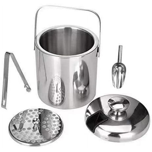 Nvzi Stainless Steel Ice Cube Container Double Walled 1.3L Ice Bucket Container with Tongs Lid