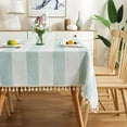 thumbnail image 1 of XmhyTop-A Stitching Tassel Tablecloth Striped Table Cloth Rectangle Cotton Linen Dust-Proof Table Cover for Kitchen Dinning 54 x 120 Inch Teal, 1 of 3