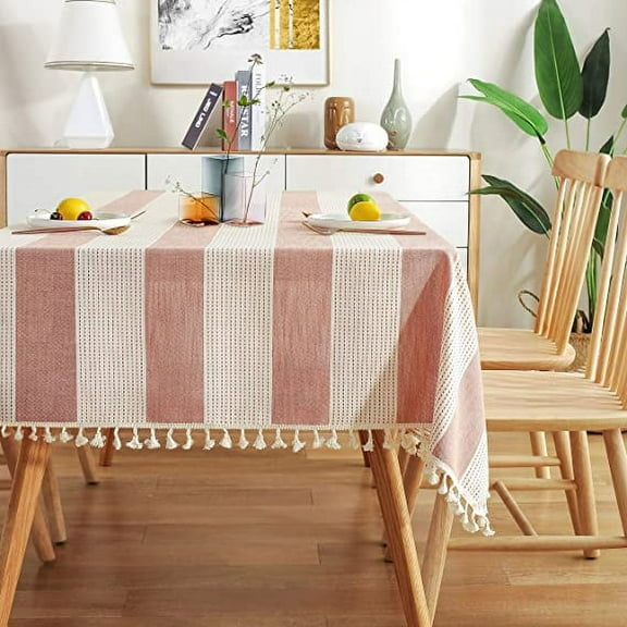 XmhyTop-A Stitching Tassel Tablecloth Striped Table Cloth Rectangle Cotton Linen Dust-Proof Table Cover for Kitchen Dinning 54 x 54 Inch Orange