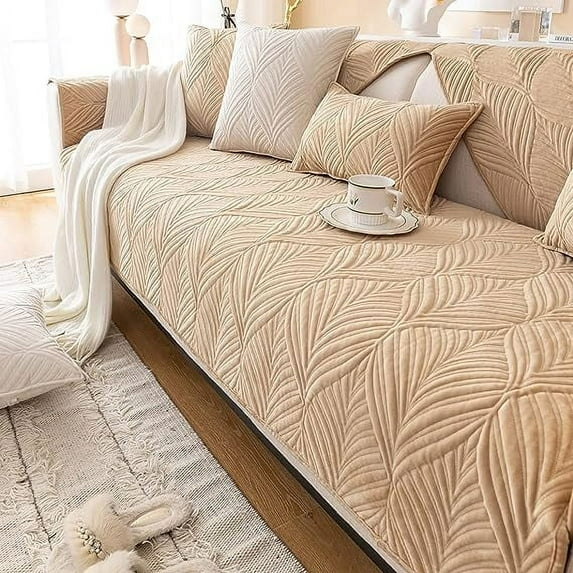 XmhyTop-A Super Soft Velvet Quilted Sofa Couch Covers Non-Slip Sectional Couch Cover Leaf Pattern Plush Sofa Slipcover Furniture Protector for Pets Kids Children Dog Cat (Camel,36"x70")
