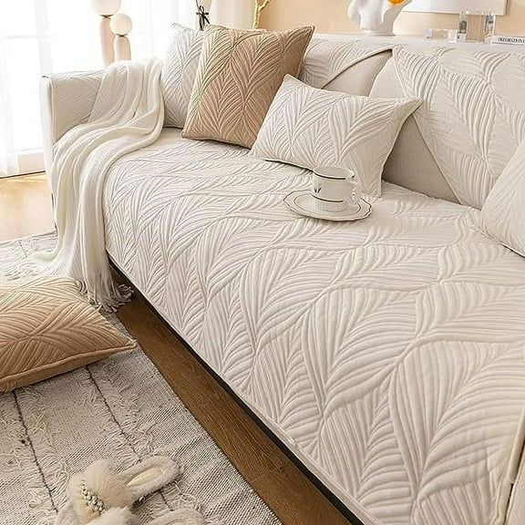 Nvzi Super Soft Velvet Quilted Sofa Couch Covers Non-Slip Sectional Couch Cover Leaf Pattern Plush Sofa Slipcover Furniture Protector for Pets Kids Children Dog Cat (Cream,28"x28")