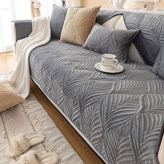 XmhyTop-A Super Soft Velvet Quilted Sofa Couch Covers Non-Slip Sectional Couch Cover Leaf Pattern Plush Sofa Slipcover Furniture Protector for Pets Kids Children Dog Cat (Grey,36"x70")