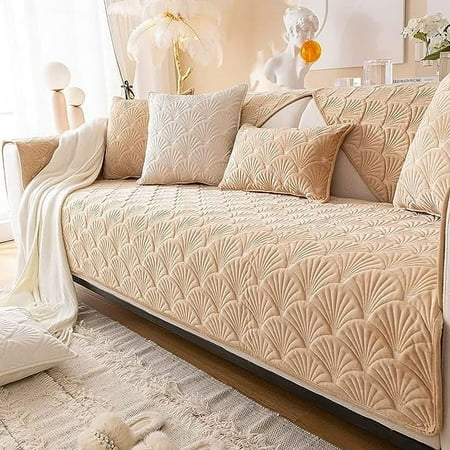 Nvzi Super Soft Velvet Quilted Sofa Couch Covers Non-Slip Sectional Couch Cover Leaf Pattern Plush Sofa Slipcover Furniture Protector for Pets Kids Children Dog Cat (Camel B,28"x28")