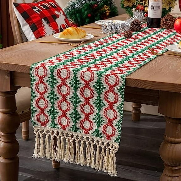 Nvzi Table Runner, Boho Table Runner Cotton Linen Table Decorations, Farmhouse Table Runners with Tassels for Bohemian Wedding Bridal Shower Rustic Home Dining Table Decor (Red/Argyle, 12x90)
