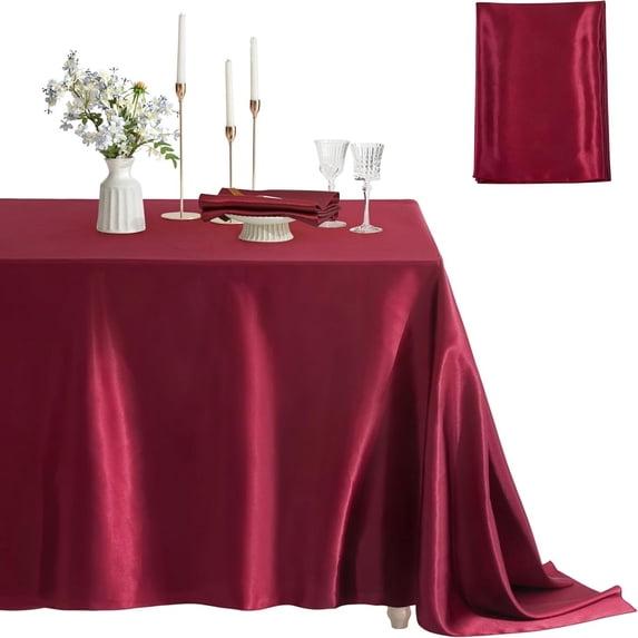 Nvzi Tablecloths - 1 Piece 57×102in Dark Red Satin Table Cloth, Premium Fabric Tablecloth for Rectangle Table, Soft Indoor/Outdoor Tablecloth Ideal for Home Dinners, Patio Gatherings