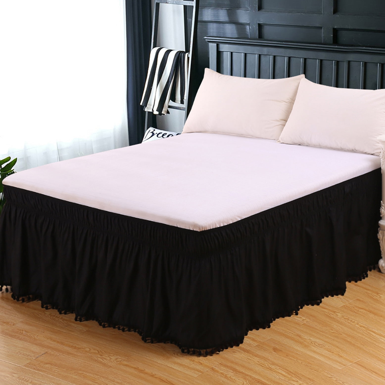 Nvzi Tassel Bed Skirts - 15in Drop Dust Ruffle, Fits King Bed 78*80in, King Bed Skirts,Soft polyester Bed Skirt, Easy Install Bed Skirt for Bedroom, 1 Piece Black bed skirt for Home