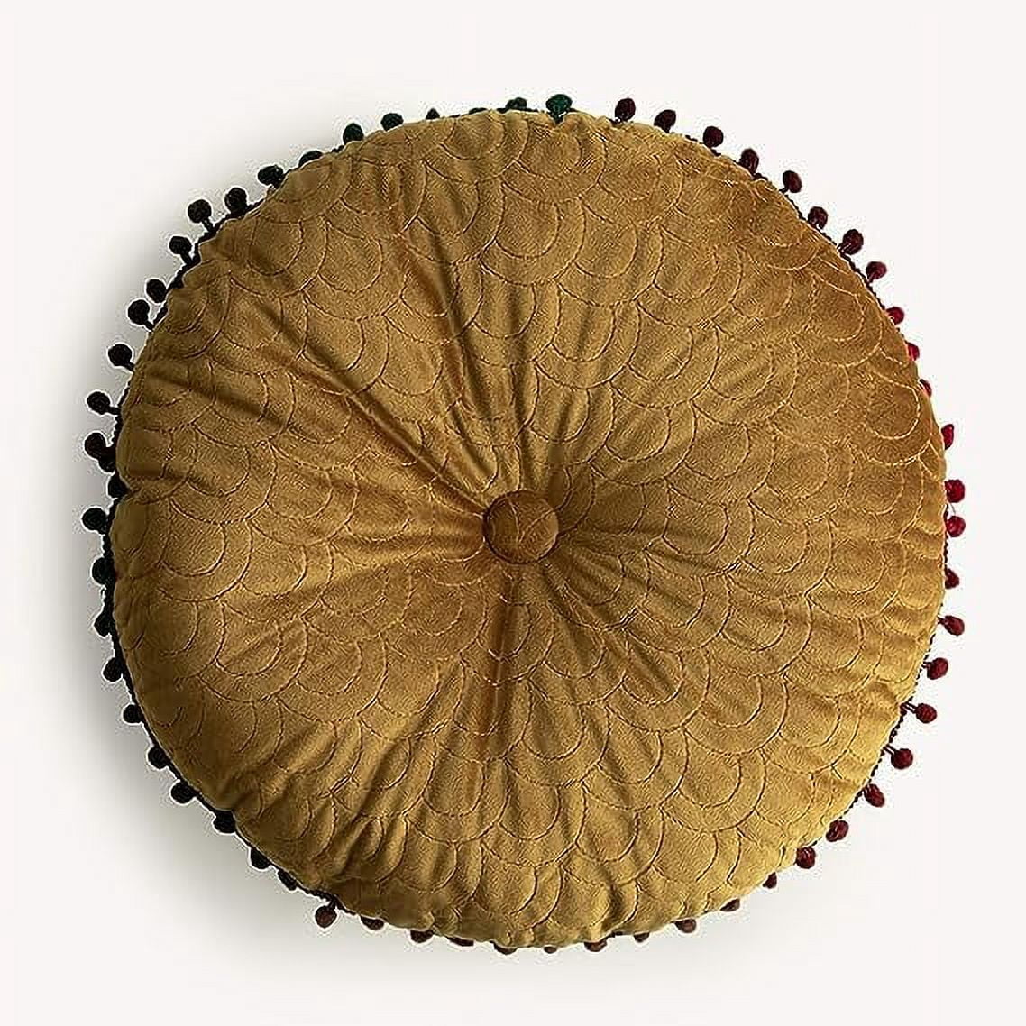 XmhyTop-A Velvet Soft Round Chair Pads Cute Gradient Pom Pom Indoor Dining Chairs Cushion (Yellow, Diameter 16")