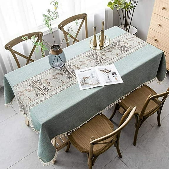 XmhyTop-A Vintage Cotton Linen Table Cloth Rectangle Dust-Proof Tablecloth Stitching Tassel Embroidered Tablecloth for Kitchen Dining (Blue Green, Chinese Style, Square, 55 x 55 Inch)