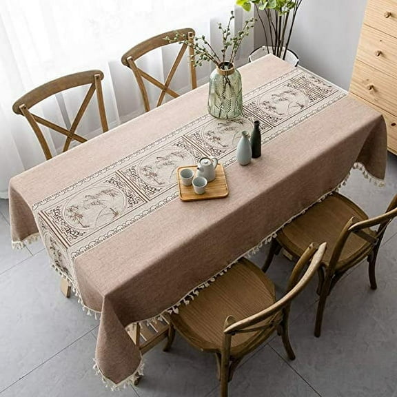 XmhyTop-A Vintage Cotton Linen Table Cloth Rectangle Dust-Proof Tablecloth Stitching Tassel Embroidered Tablecloth for Kitchen Dining (Pink Brown, Chinese Style, Rectangle/Oblong, 55 x 55 Inch)