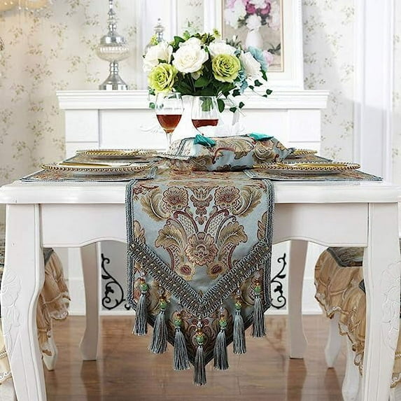Nvzi Vintage Luxury Jacquard Damask Floral Table Runners Tea Table Decoration with Multi-Tassels 13"x117" Blue