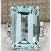 Xiao Hua Vintage Women 925 Silver Aquamarine Gemstone Ring Wedding Jewelry Size 8