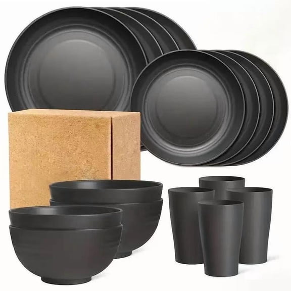Nvzi Wheat Straw Tableware Set -16 Piece Set (4-person Meal Set) Black Non Fragile Set, Reusable Food Grade Material Tableware Set, Bisphenol A-Free Tableware Set