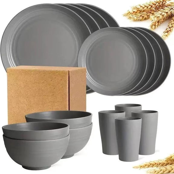 Nvzi Wheat Straw Tableware Set -16 Piece Set (4-person Meal Set) Gray Non Fragile Set, Reusable Food Grade Material Tableware Set, Bisphenol A-Free Tableware Set