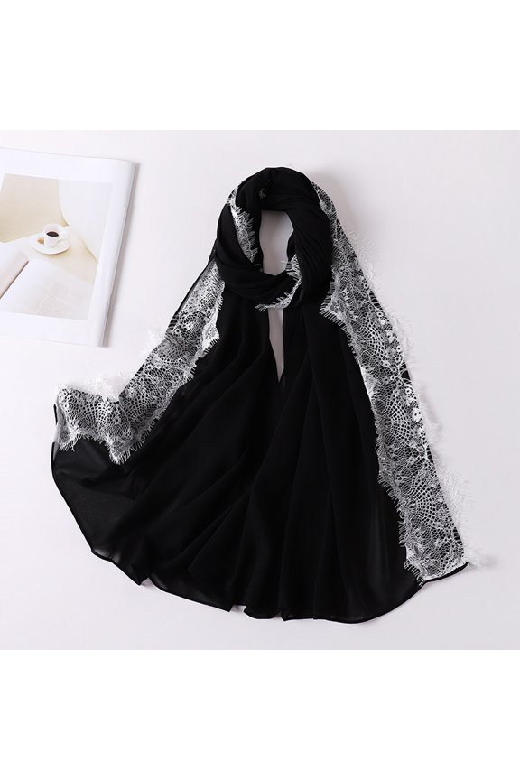 White & Black Silk Chiffon Headscarf -2 pieces, 27.5 70.8 inches long chiffon women's scarf, soft and smooth flowing fabric, suitable for weddings and summer sun protection
