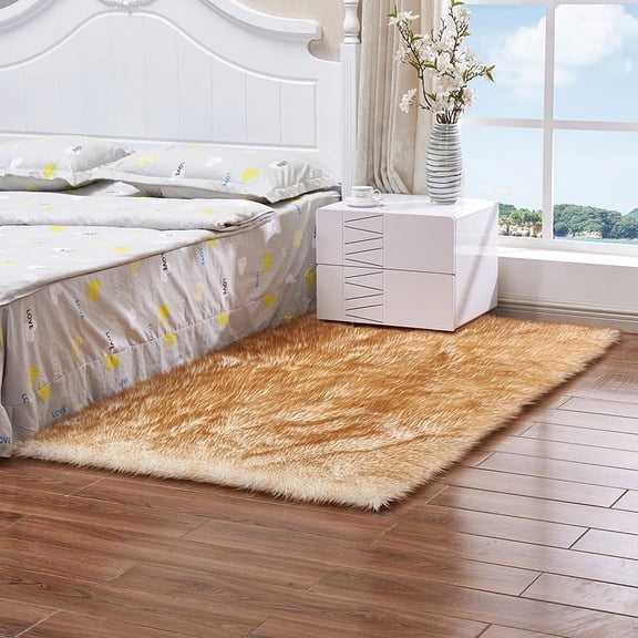 Nvzi White & Brown faux fur carpet 23.62 x 35.43 inches, washable ultra soft plush carpet, modern fluffy non slip decorative carpet, suitable for living room and bedroom decoration, 1 piece