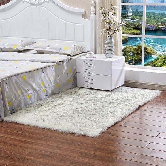 Nvzi White & Gray faux fur carpet 23.62 x 59 inches, washable ultra soft plush carpet, modern fluffy non slip decorative carpet, suitable for living room and bedroom decoration, 1 piece