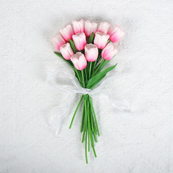 Nvzi White & Pink artificial tulips -12 pieces, 13 inches long - PU bouquet with realistic touch, realistic petal texture, flexible stem, perfect for home office wedding decoration