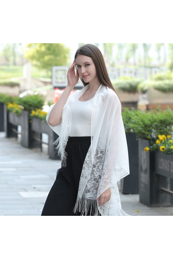 White Transparent Flower Lace Scarf -1 piece, 24.8 x 72.8 inches with tassel lace shawl, suitable for wedding parties, evening dresses, beach covers