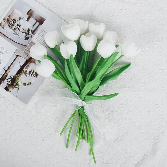 Nvzi White artificial tulips -12 pieces, 13 inches long - PU bouquet with realistic touch, realistic petal texture, flexible stem, perfect for home office wedding decoration