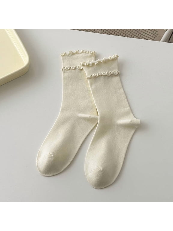 Off White cotton pleated round neck socks -5 pairs, one size fits all, soft and breathable socks with pleated double-layer cuffs, suitable for casual work and year-round wear