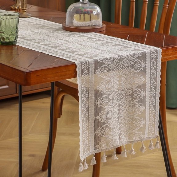 Nvzi White lace short tassel tablecloth 12×86.61 inches, Christmas party country bohemian style table flag, holiday table decoration table flag, wedding/Christmas table cloth -1 piece, style B