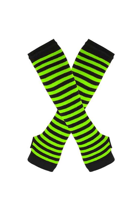 Women Striped Long Fingerless Gloves, Winter Knitted Arm Warmers For Punk Rock/Cosplay/Goth/Christmas Party -Green Black